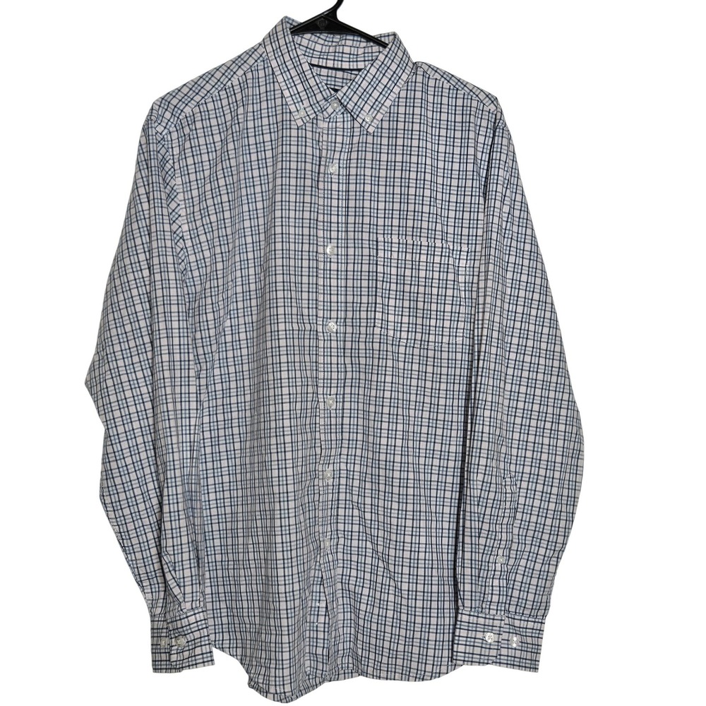 Basic Editions Mens Blue Plaid Long Sleeve Button Shirt Medium Preppy Office